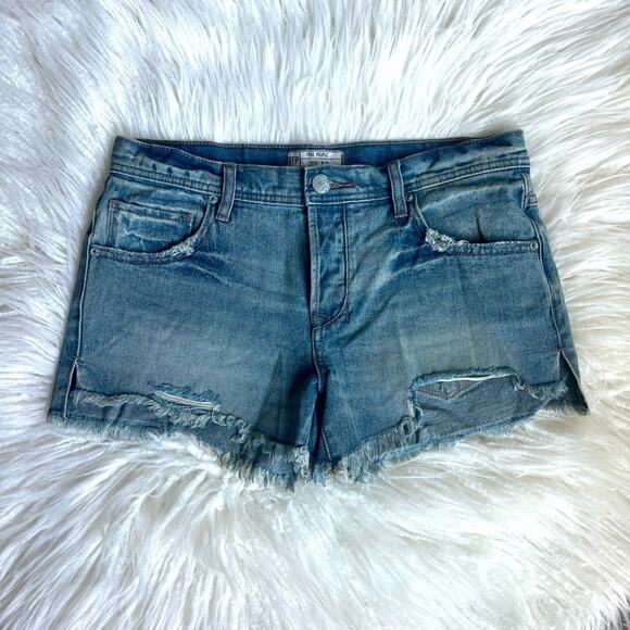 FREE PEOPLE DISTRESSED BLUE DENIM CUT OFF LOW RISE JEAN SHORTS 28 - Picture 1 of 5